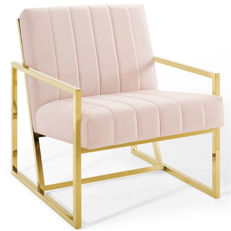 Maklaine Contemporary Channel Tufted Performance Velvet Armchair in Pink