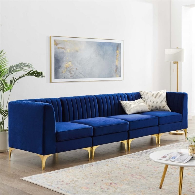 Maklaine 4-Seater Channel Tufted Performance Velvet Tufted Sofa in Navy