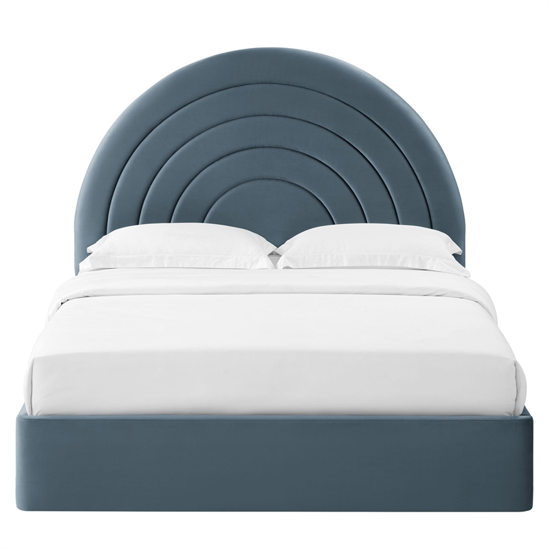 Maklaine Performance Velvet Upholstered King Platform Bed in Cadet Blue