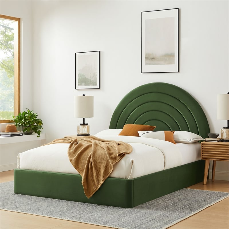 Maklaine Performance Velvet Upholstered King Platform Bed in Moss Green