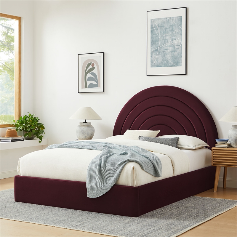 Maklaine Performance Velvet Upholstered King Platform Bed in Mulberry