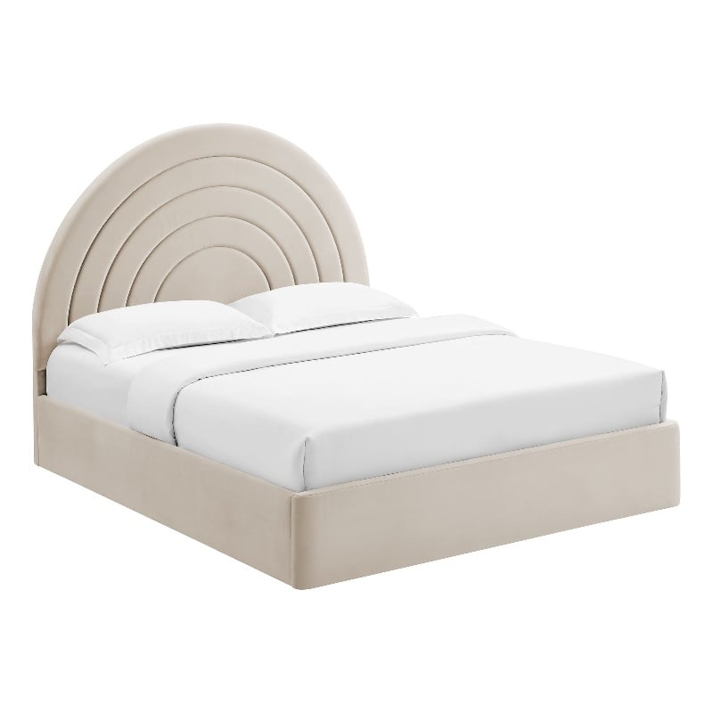 Maklaine Performance Velvet Upholstered Queen Platform Bed in Almond