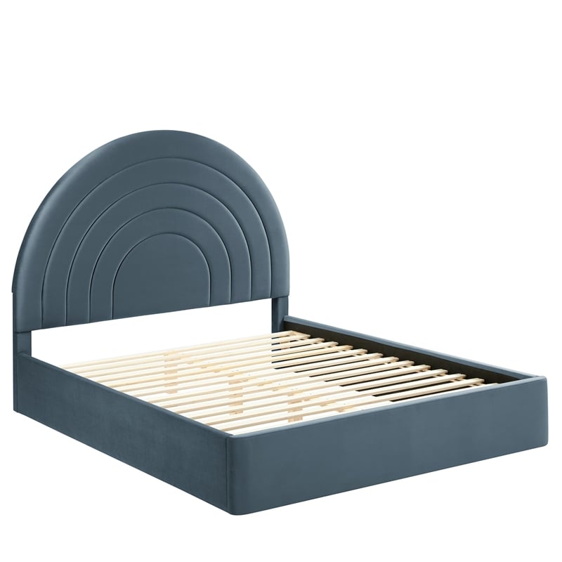 Maklaine Performance Velvet Upholstered Queen Platform Bed in Cadet Blue