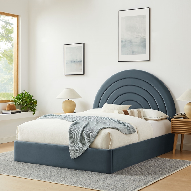 Maklaine Performance Velvet Upholstered Queen Platform Bed in Cadet Blue