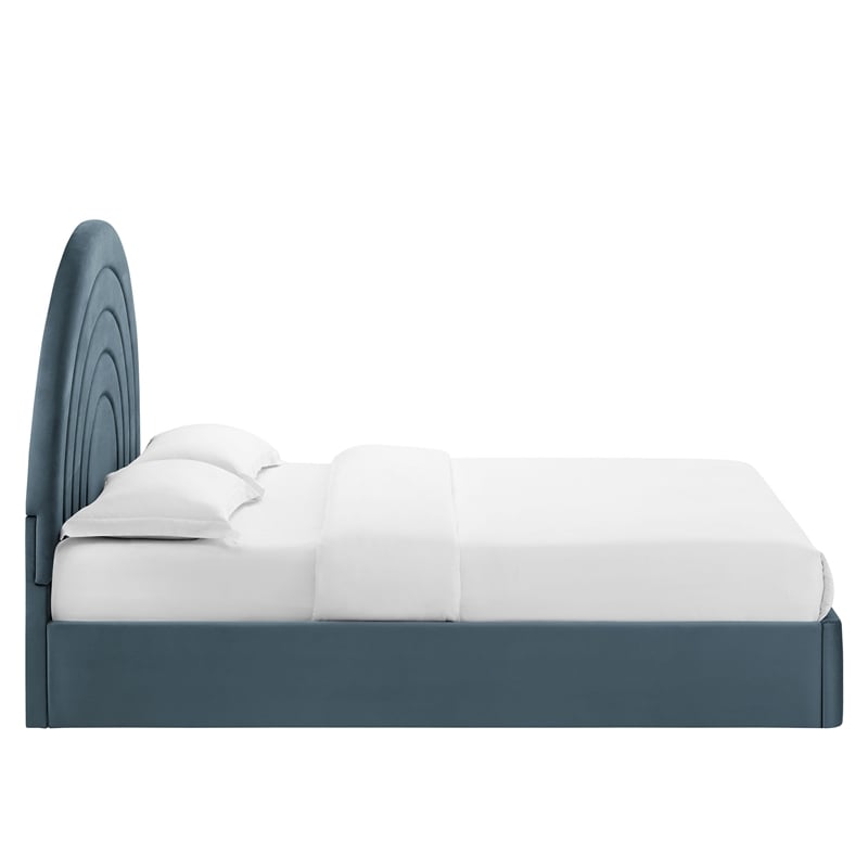 Maklaine Performance Velvet Upholstered Queen Platform Bed in Cadet Blue
