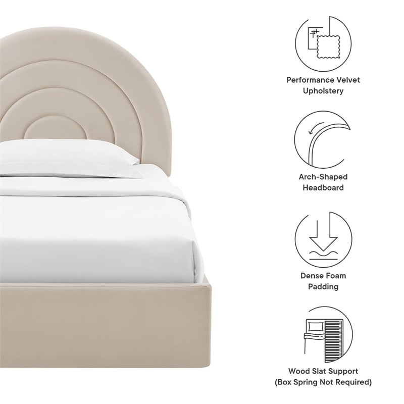 Maklaine Contemporary Performance Velvet Upholstered Twin Platform Bed in Almond