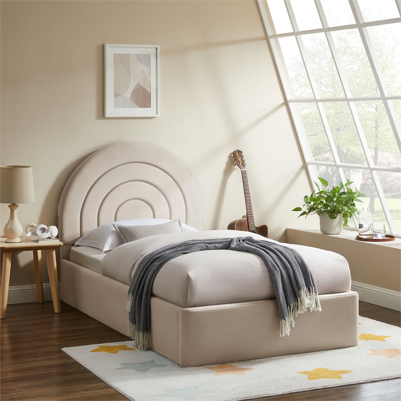 Maklaine Contemporary Performance Velvet Upholstered Twin Platform Bed in Almond