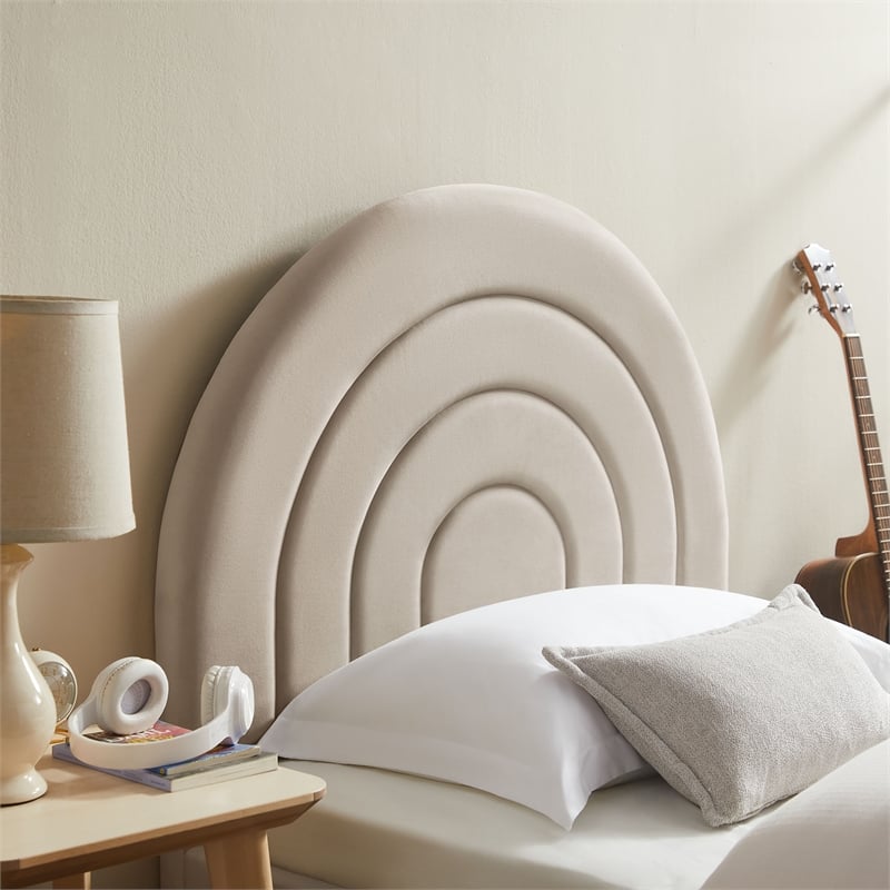 Maklaine Contemporary Performance Velvet Upholstered Twin Platform Bed in Almond