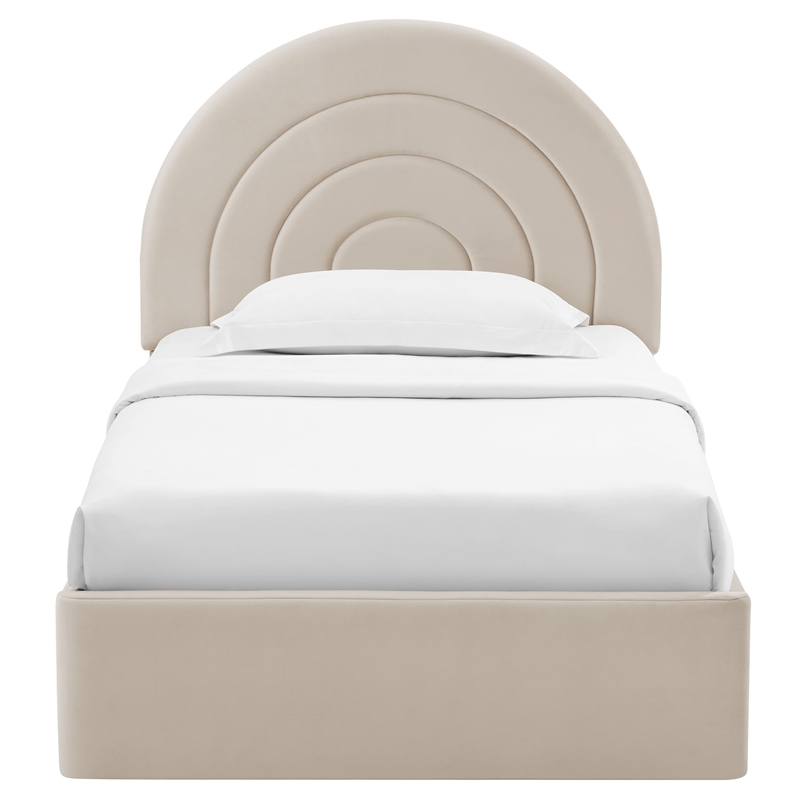 Maklaine Contemporary Performance Velvet Upholstered Twin Platform Bed in Almond