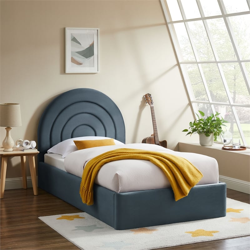 Maklaine Performance Velvet Upholstered Twin Platform Bed in Cadet Blue