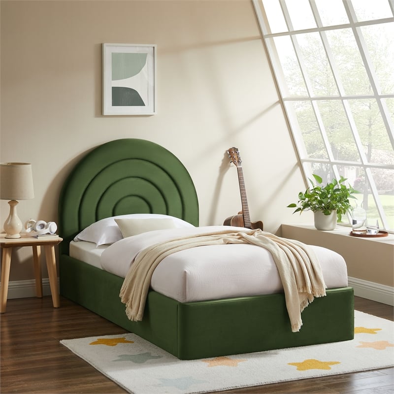 Maklaine Performance Velvet Upholstered Twin Platform Bed in Moss Green
