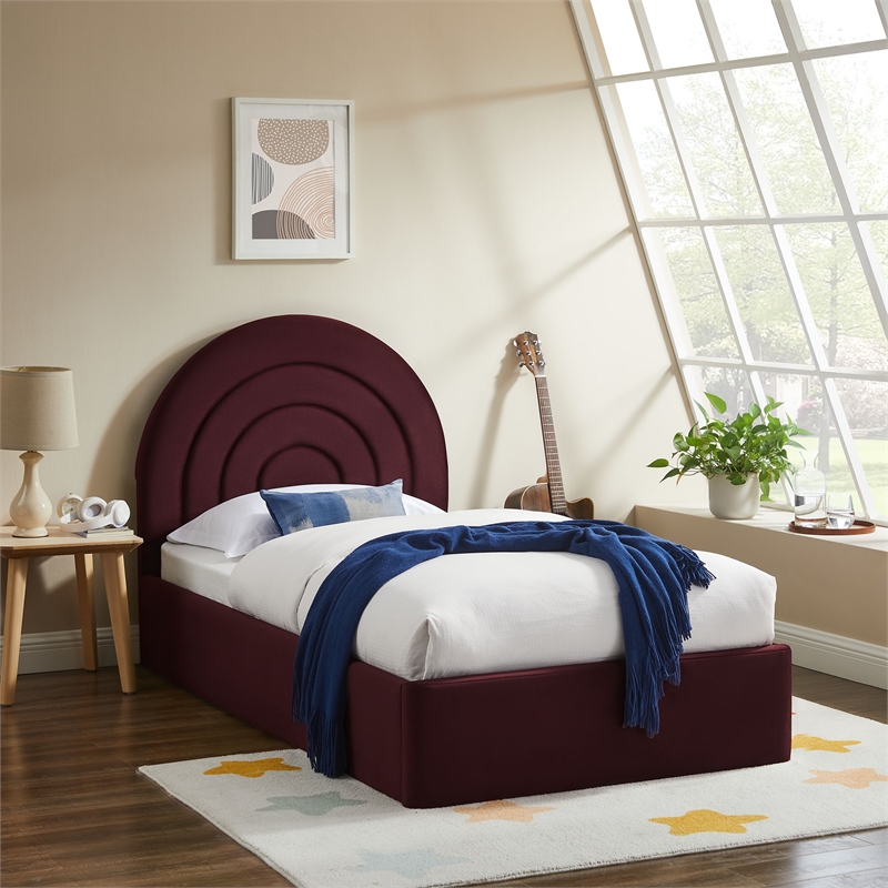 Maklaine Performance Velvet Upholstered Twin Platform Bed in Mulberry