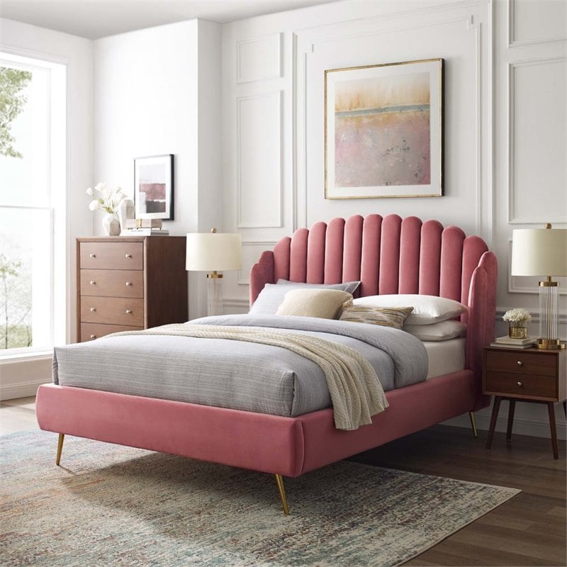 Maklaine Queen Performance Velvet Wingback Platform Bed in Dusty Rose