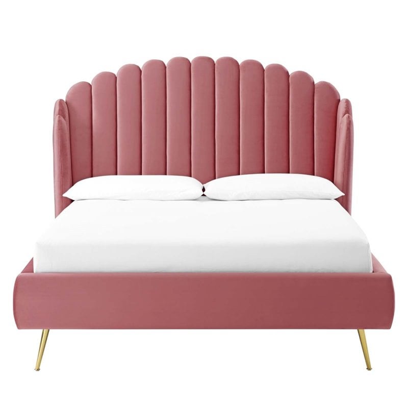 Maklaine Queen Performance Velvet Wingback Platform Bed in Dusty Rose