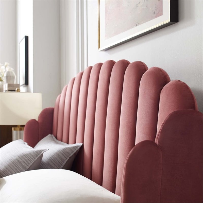 Maklaine Queen Performance Velvet Wingback Platform Bed in Dusty Rose