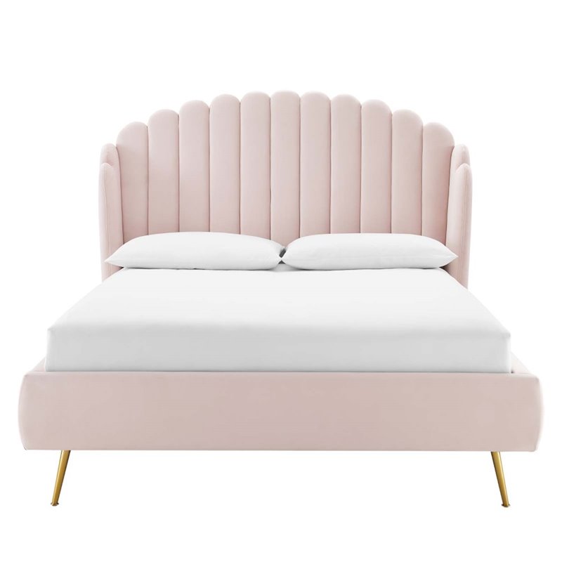 Maklaine Queen Performance Velvet Wingback Platform Bed in Pink
