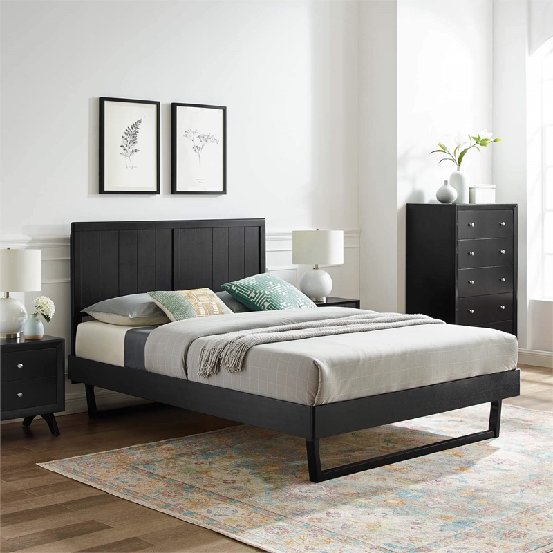 Maklaine Contemporary Full Wood Platform Bed with Angular Frame in Black