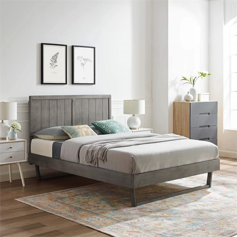 Maklaine Contemporary Full Wood Platform Bed with Angular Frame in Gray