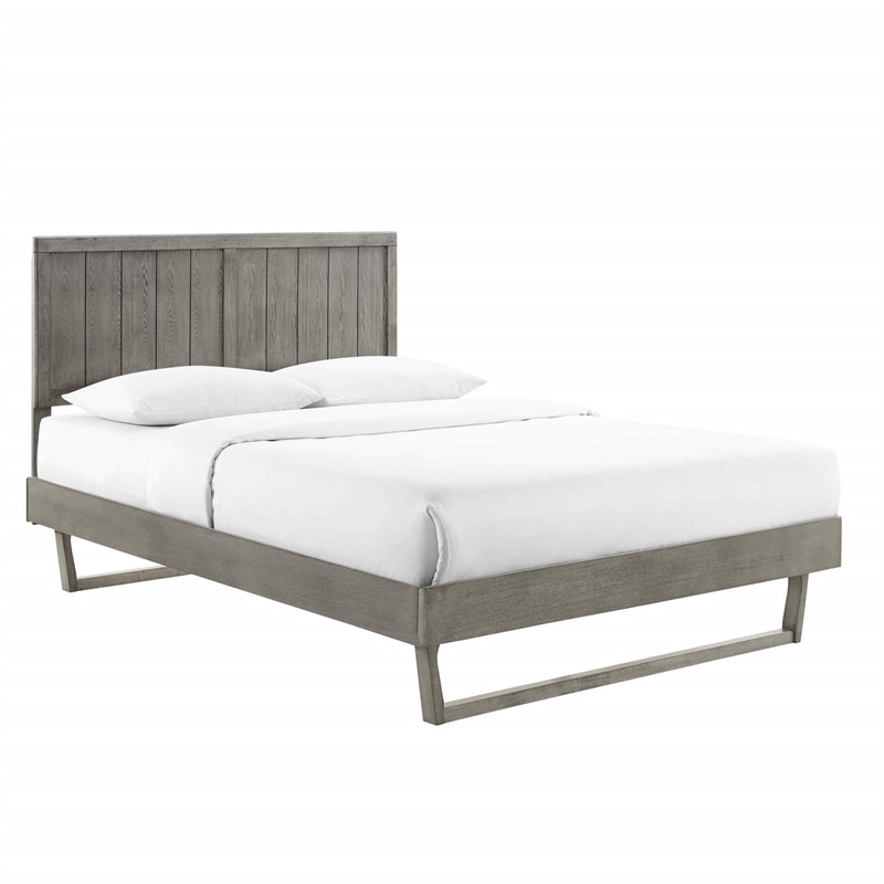Maklaine Contemporary Full Wood Platform Bed with Angular Frame in Gray