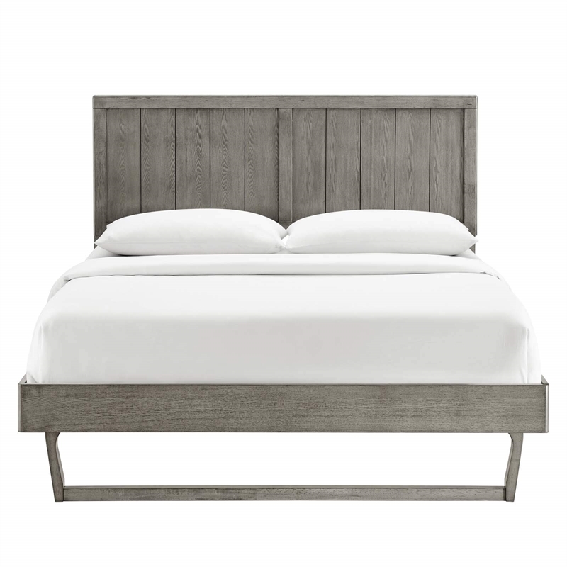 Maklaine Contemporary Full Wood Platform Bed with Angular Frame in Gray