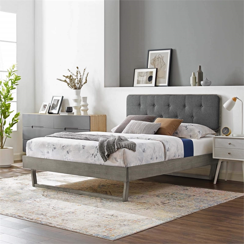 Maklaine King Wood Platform Bed with Angular Frame in Gray/Charcoal