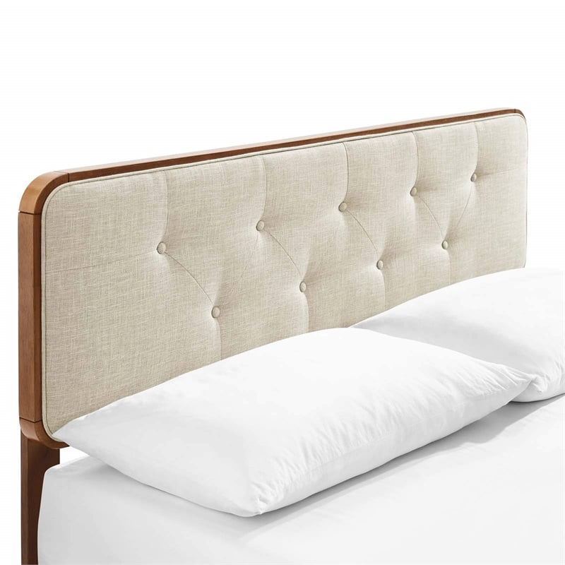 Maklaine Full Wood Platform Bed with Angular Frame in Walnut/Beige