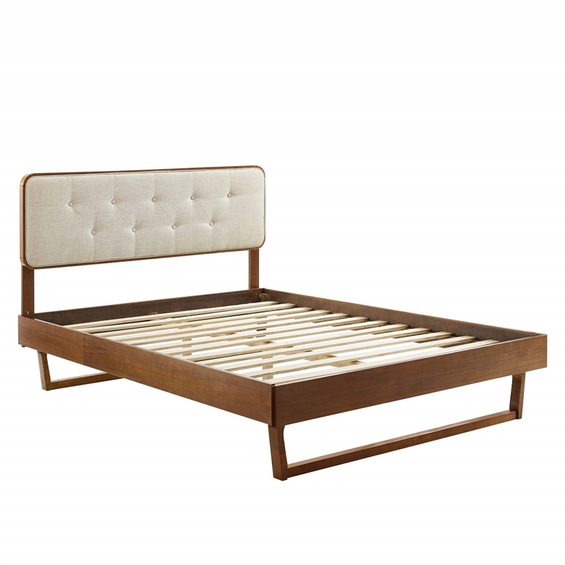 Maklaine Full Wood Platform Bed with Angular Frame in Walnut/Beige