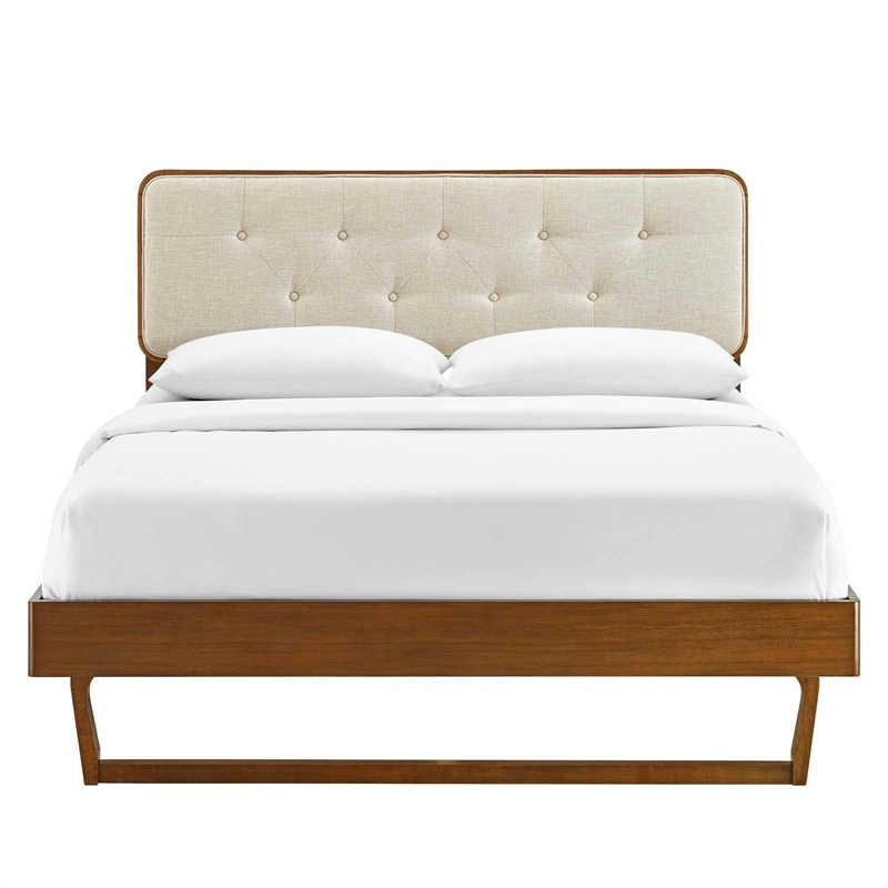 Maklaine Full Wood Platform Bed with Angular Frame in Walnut/Beige
