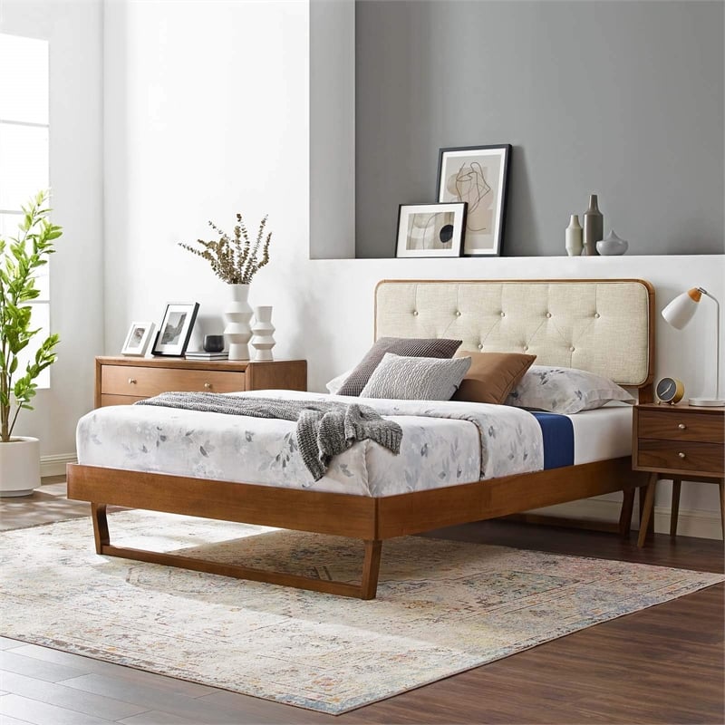 Maklaine Twin Wood Platform Bed with Angular Frame in Walnut/Beige