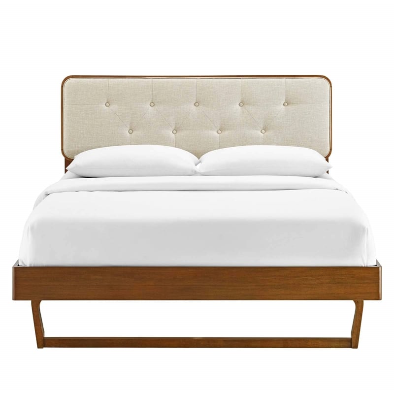Maklaine Twin Wood Platform Bed with Angular Frame in Walnut/Beige