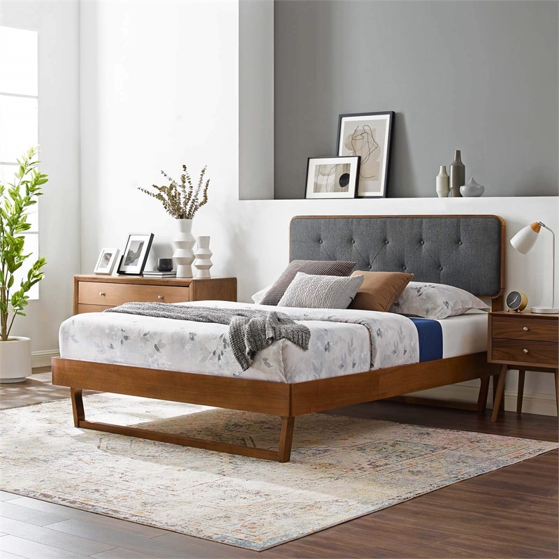 Maklaine Twin Wood Platform Bed with Angular Frame in Walnut/Charcoal