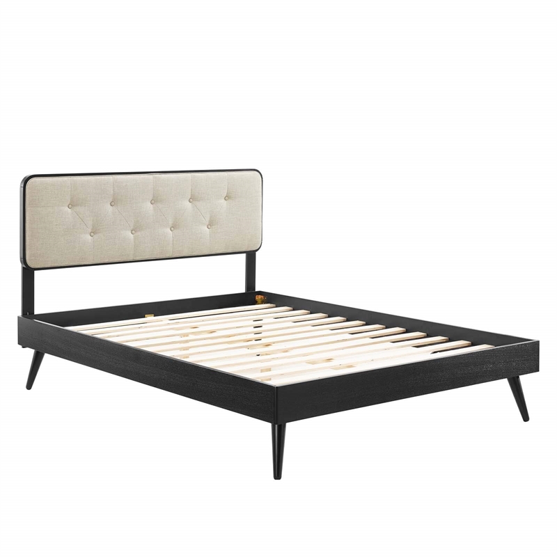 Maklaine Full Wood Platform Bed with Splayed Legs in Black/Beige