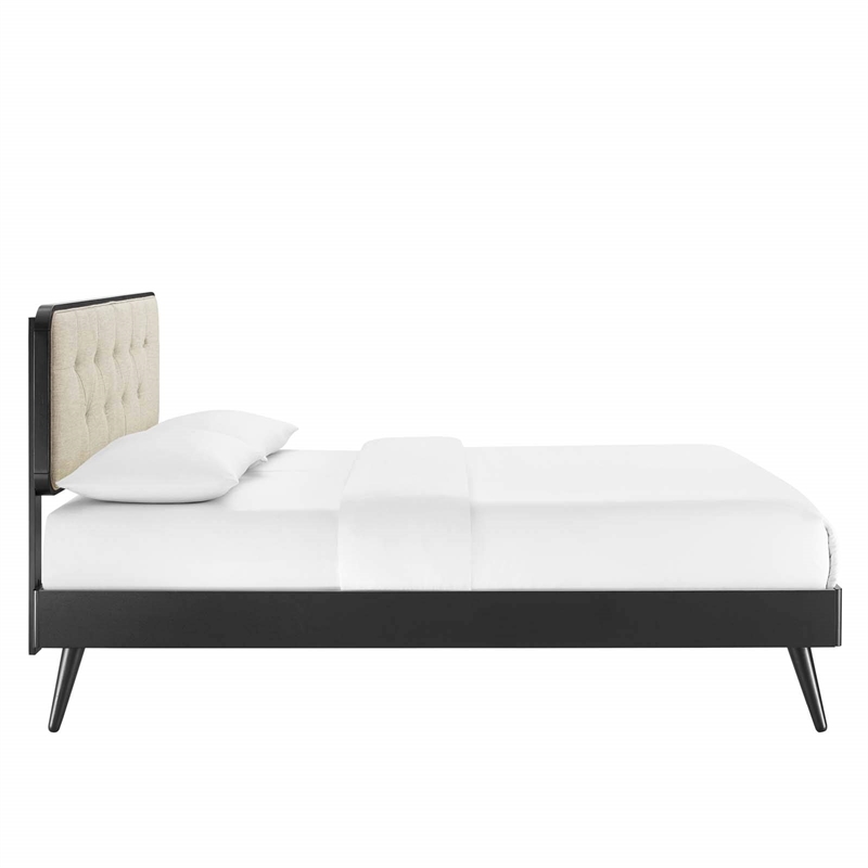 Maklaine Full Wood Platform Bed with Splayed Legs in Black/Beige