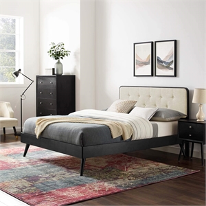 Maklaine King Wood Platform Bed with Splayed Legs in Black/Beige