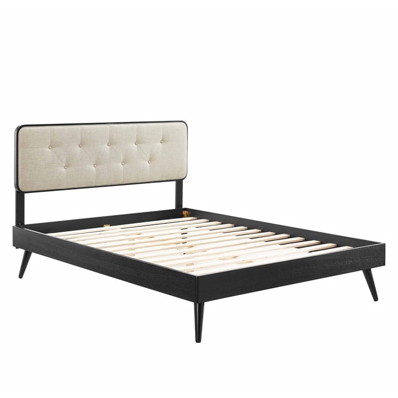 Maklaine King Wood Platform Bed with Splayed Legs in Black/Beige