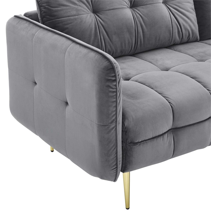 Maklaine Contemporary Tufted Performance Velvet Sofa in Gray