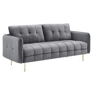 Maklaine Contemporary Tufted Performance Velvet Sofa in Gray