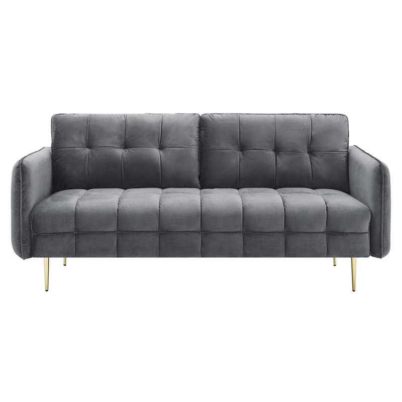 Maklaine Contemporary Tufted Performance Velvet Sofa in Gray