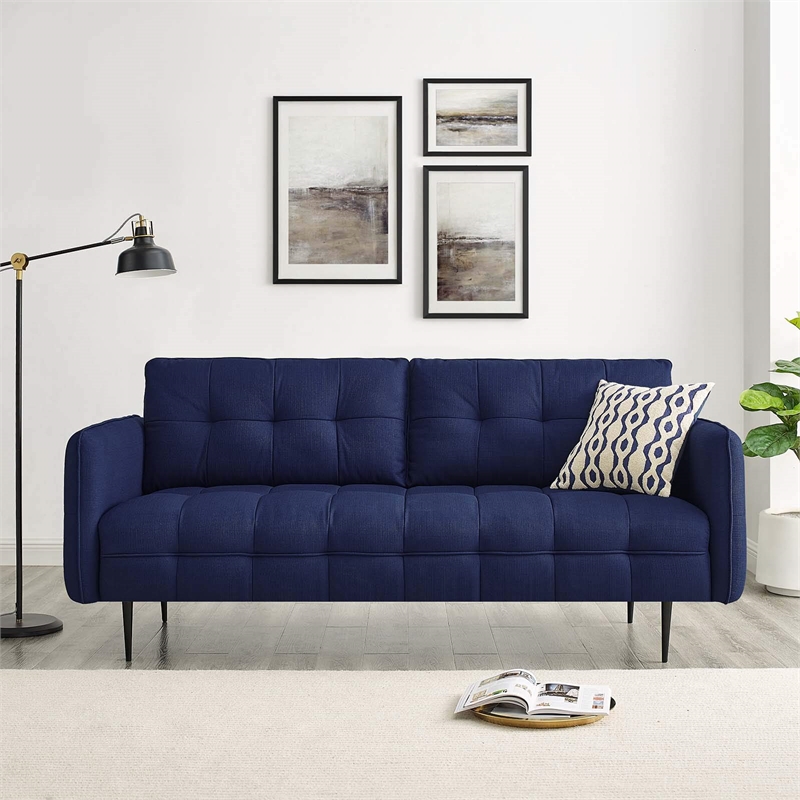 Maklaine Upholstered Modern Fabric Sofa with Metal Legs in Blue/Black