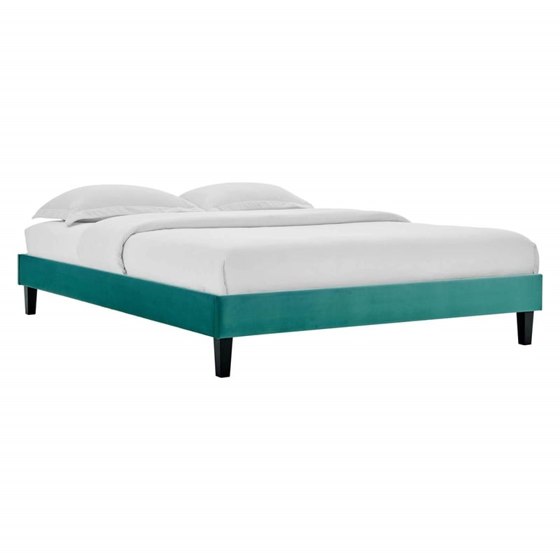 Maklaine Twin Modern Performance Velvet Platform Bed in Teal Green