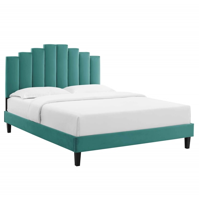 Maklaine Twin Modern Performance Velvet Platform Bed in Teal Green