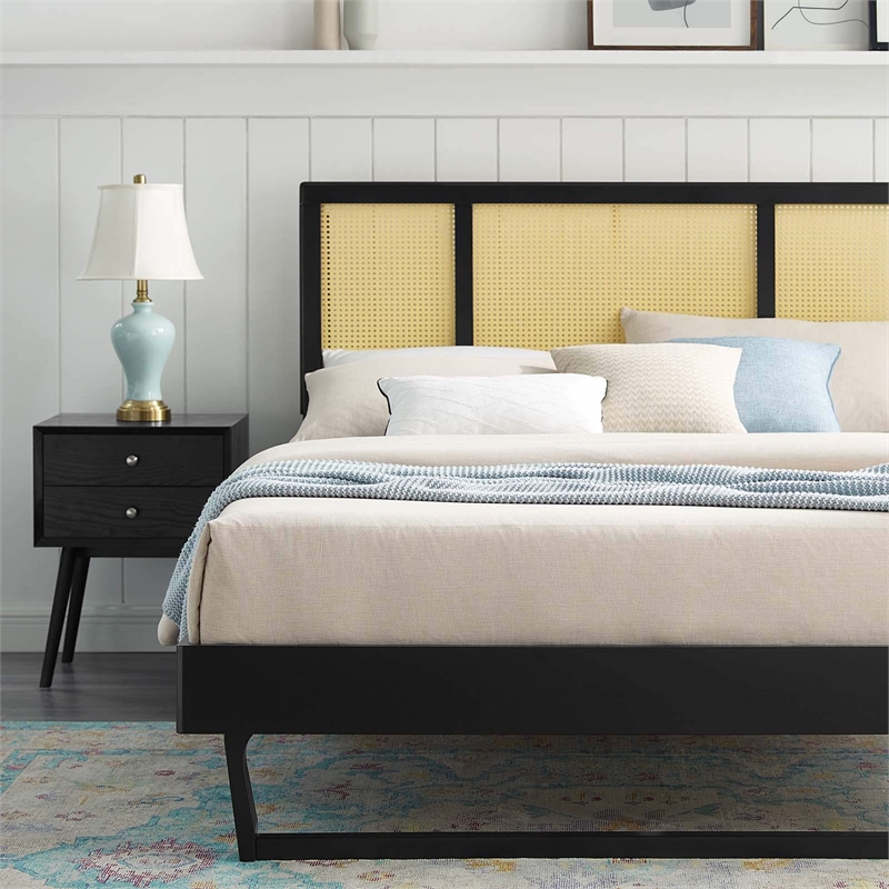 Maklaine Cane Rattan and Wood Full Platform Bed with Angular Legs in Black