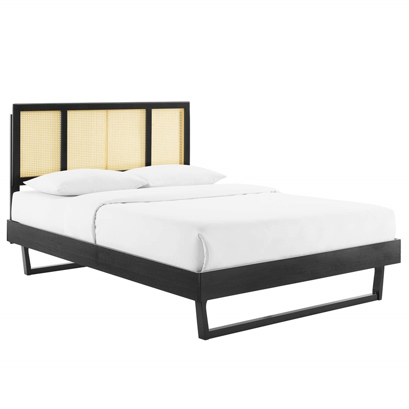 Maklaine Cane Rattan and Wood Full Platform Bed with Angular Legs in Black