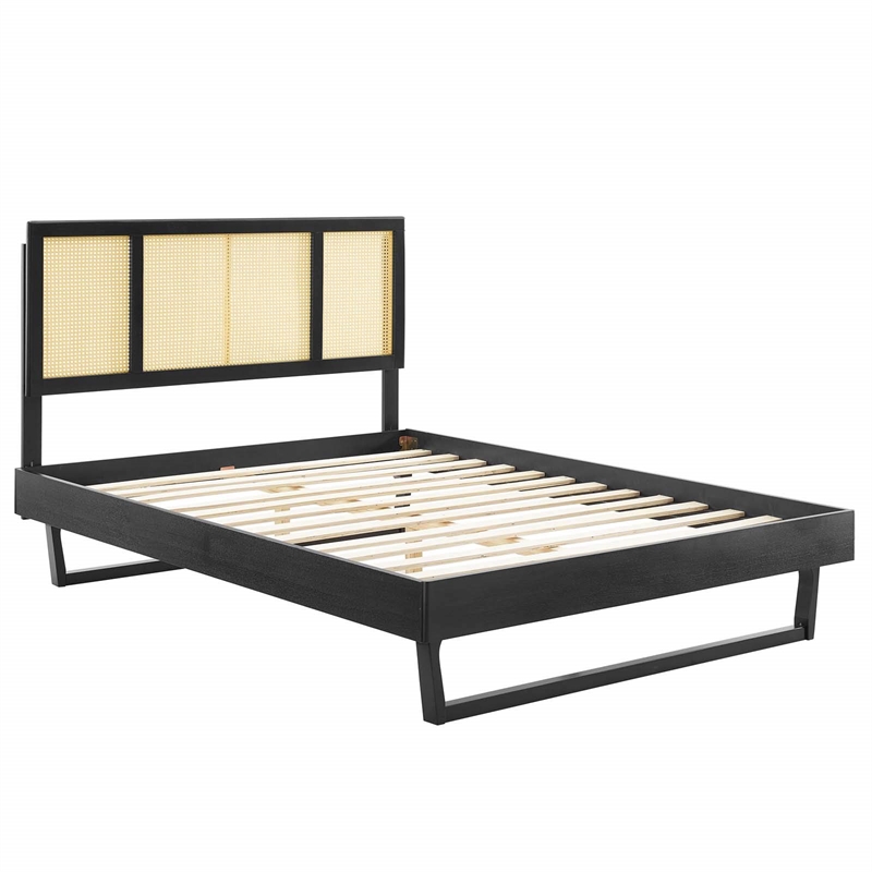 Maklaine Cane Rattan and Wood Full Platform Bed with Angular Legs in Black