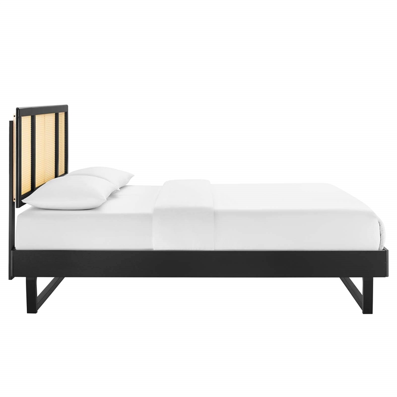 Maklaine Cane Rattan and Wood Full Platform Bed with Angular Legs in Black