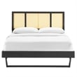 Maklaine Cane Rattan and Wood Full Platform Bed with Angular Legs in Black