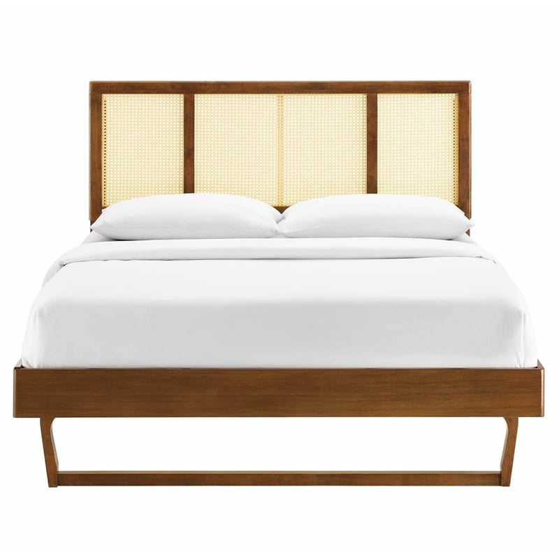 Maklaine Cane Rattan and Wood Full Platform Bed with Angular Legs in Walnut