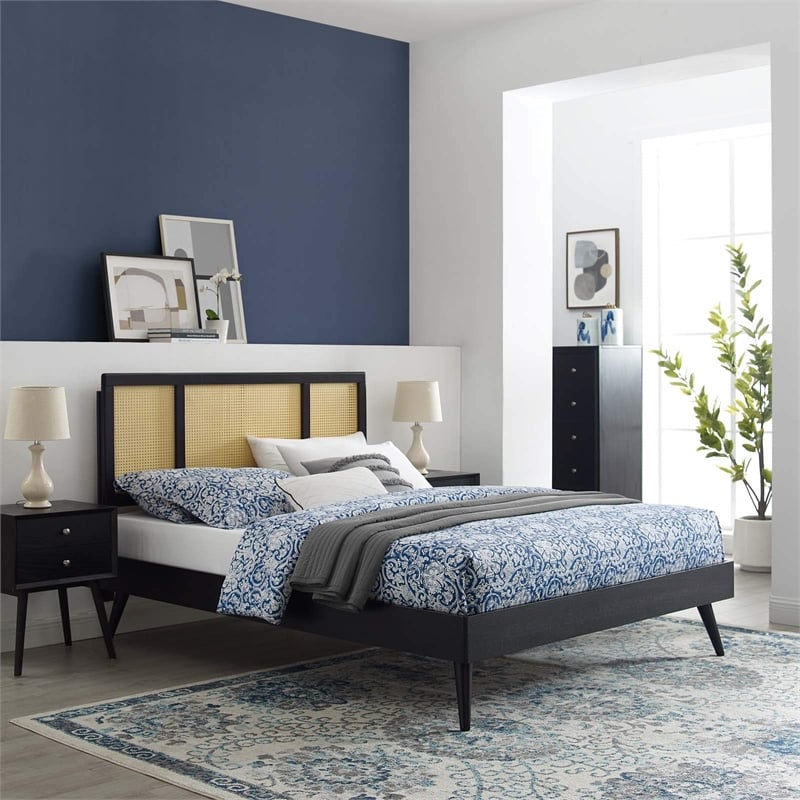 Maklaine Cane Rattan and Wood Full Platform Bed with Splayed Legs in Black