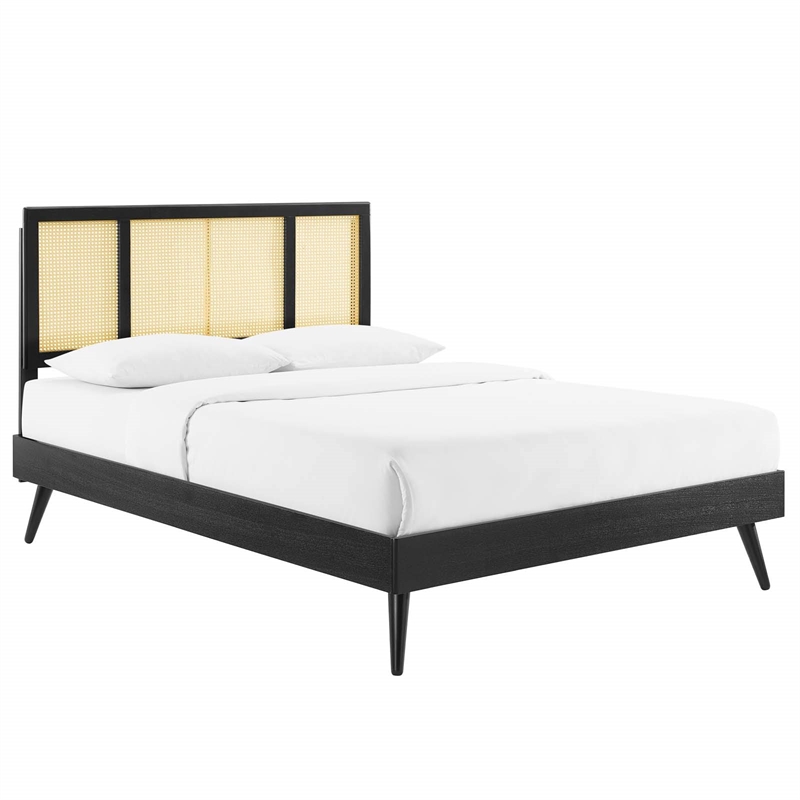 Maklaine Cane Rattan and Wood Full Platform Bed with Splayed Legs in Black