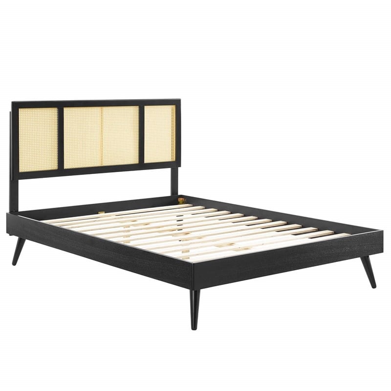 Maklaine Cane Rattan and Wood Full Platform Bed with Splayed Legs in Black